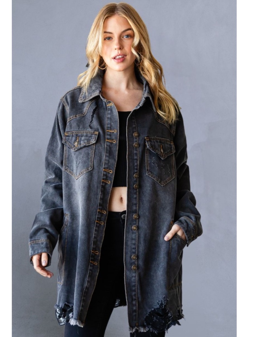 Denim Distressed Oversized Black Jacket- NWOT